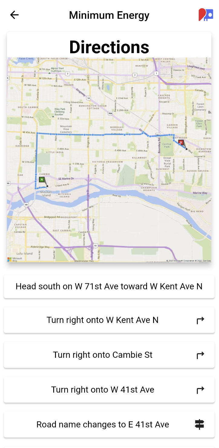 a screenshot of directions for the minimum energy route