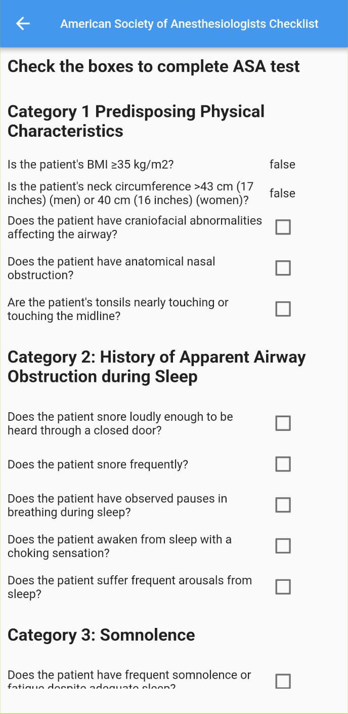 screen showing questions from the American Society of Anesthesiologists