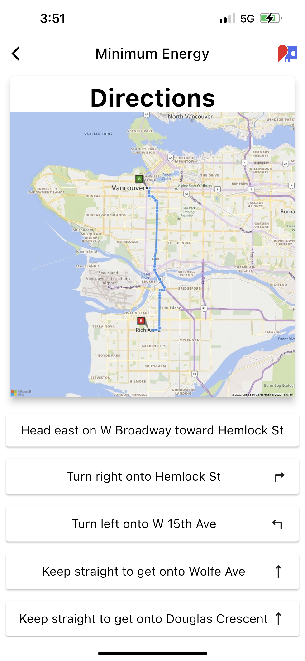 directions screen from a Smoothly topographical navigation search
